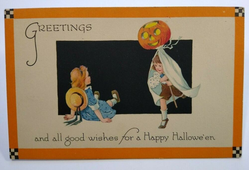 Antique Halloween Postcard Gibson Children Checkered Corners Unused Original